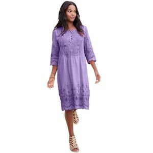 Roaman’s Purple Eyelet Embroidered Cotton Midi Dress Boho Cottagecore Romantic